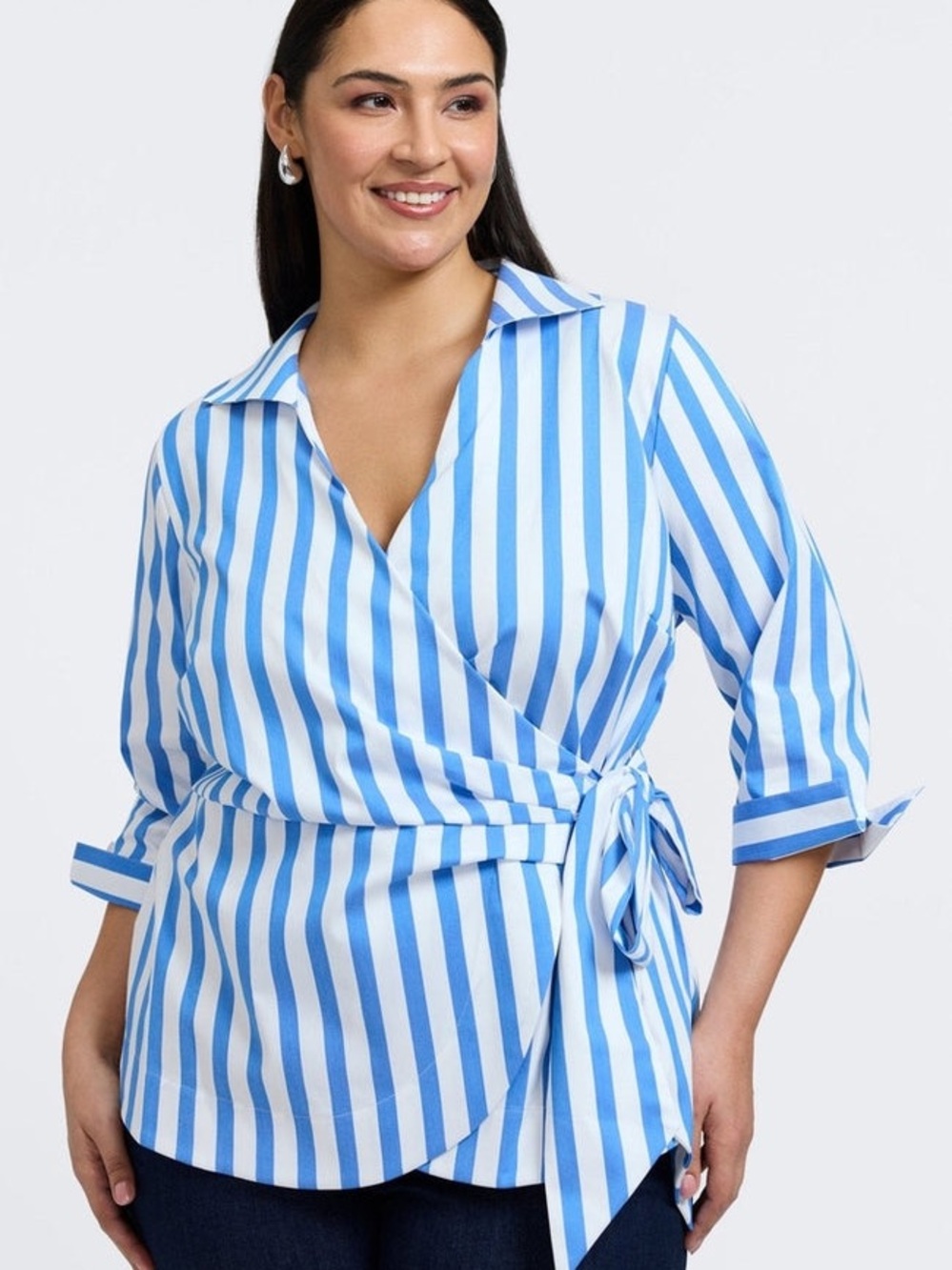 Foxcroft- Salina Plus Springtime Stripe 3/4 Sleeve Shirt - Picture 2 of 15